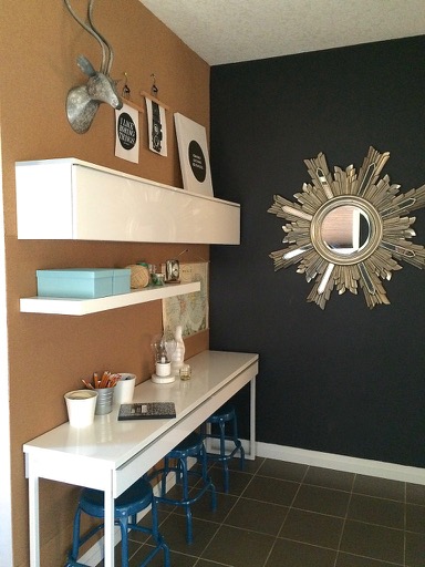 cork wall modern office ikea desk brown white Alex before and after sunburst mirror bulletin board