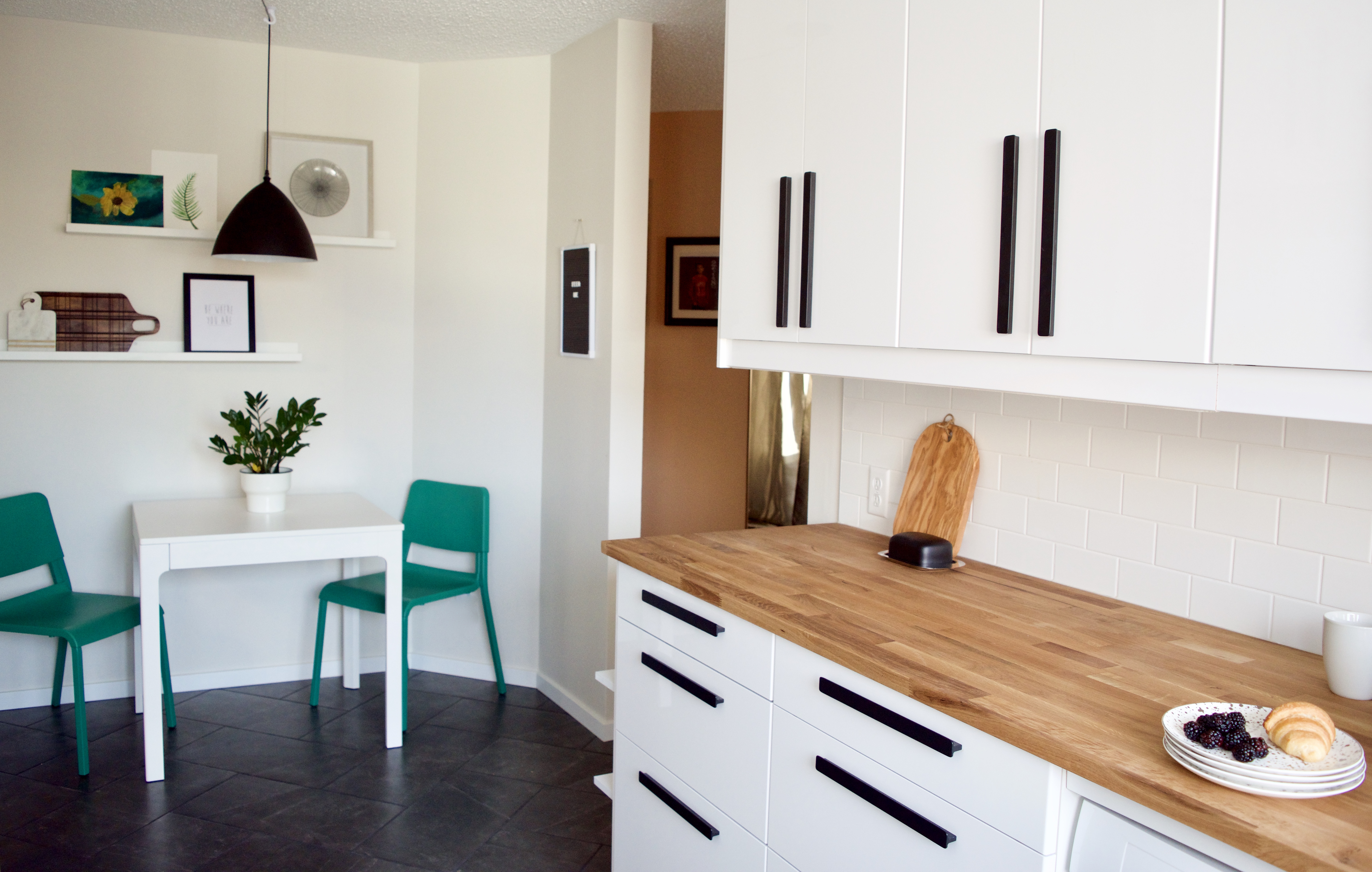 dining nook small kitchen modern farmhouse ikea white black butcher block green chairs table calgary designer