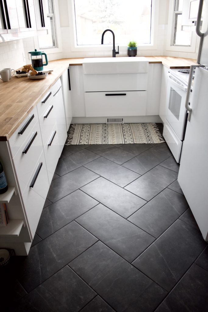 grey herringbone floor tile gray charcoal ceramic 12x24" inch 1x2' foot layout modern farmhouse kitchen