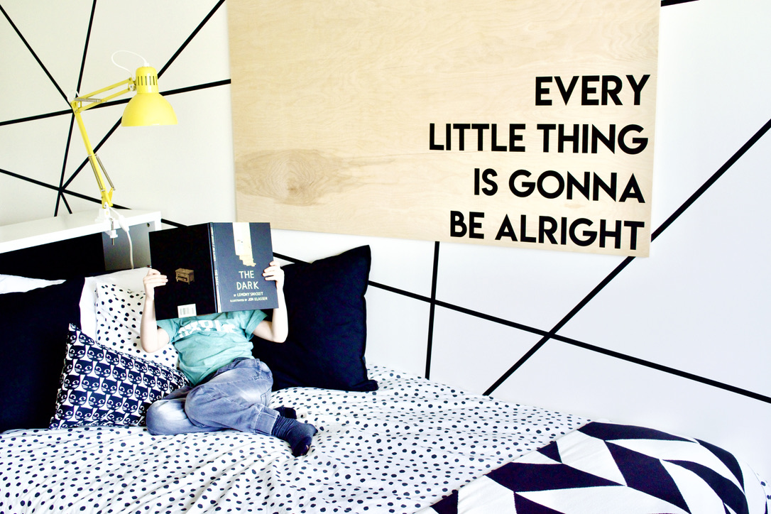 giant kids modern plywood wall art every little thing is gonna be alright lyric DIY boys boy teenage teen teenager room bedroom bed black and white polka dot dot patterns feature wall washi tape graphic