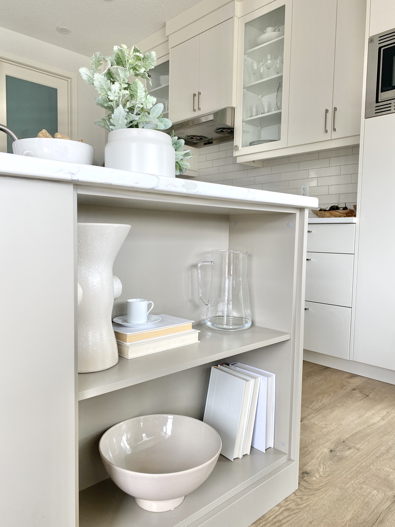 kitchen island open storage shelf dish display cookbooks end white grey ivory kitchen