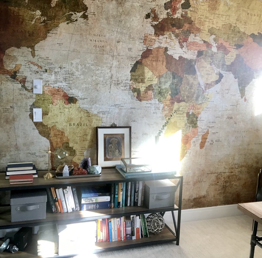 map wall wallpaper oversized giant world globe brown sepia statement office vintage industrial rustic mens manly office dark moody decor design bachelor pad collection