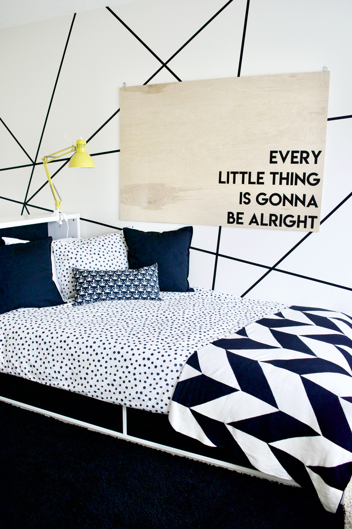 oversized modern wood wall art feature wall washi tape graphic birch baltic plywood large DIY geometric lines every little this is gonna be alright lyric words quote polka dot pattern mixinf storage bed kids boys teens tweens modern funky unique cool trendy