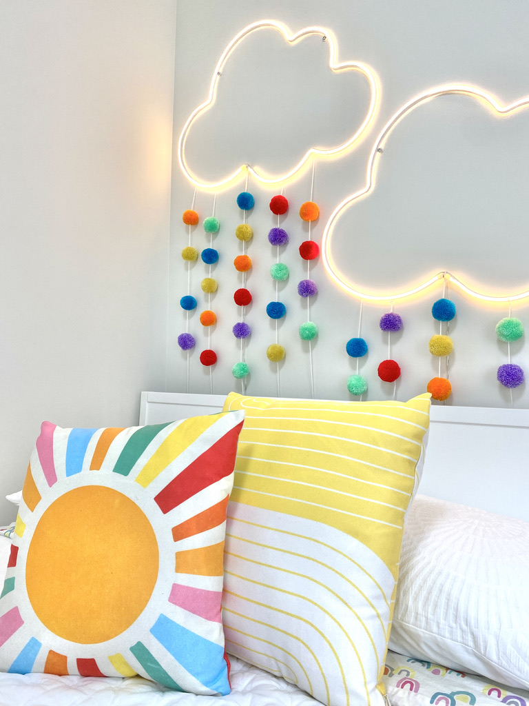 girls rainbow bedroom ideas bright white colourful sunshine sun cloud decor wall art
