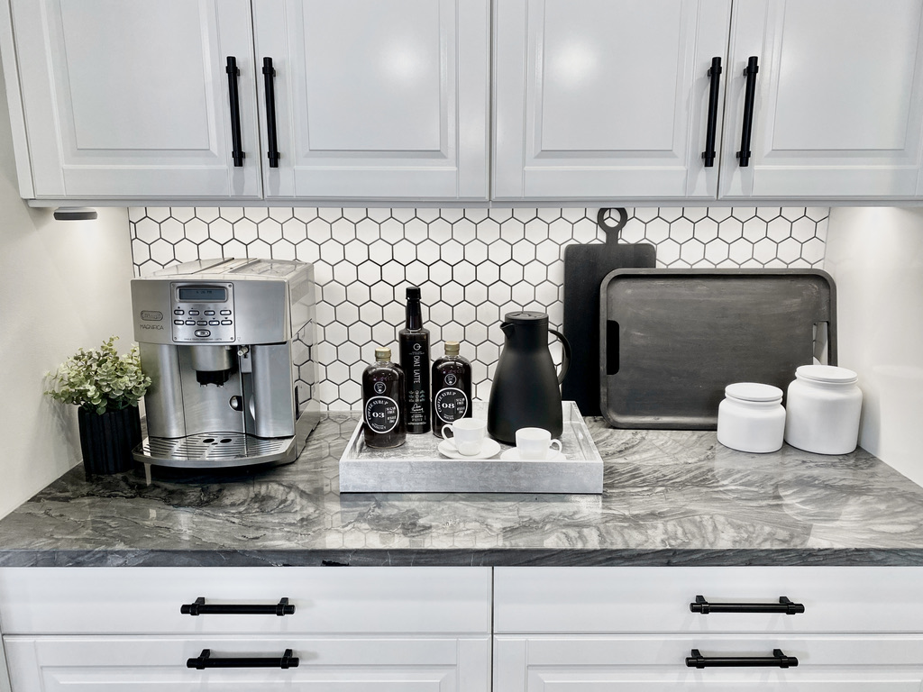 espresso bar coffee station kitcken black and white kitchen nickel quartzite grey wave pattern counters modern sleek styled how to style a coffee station